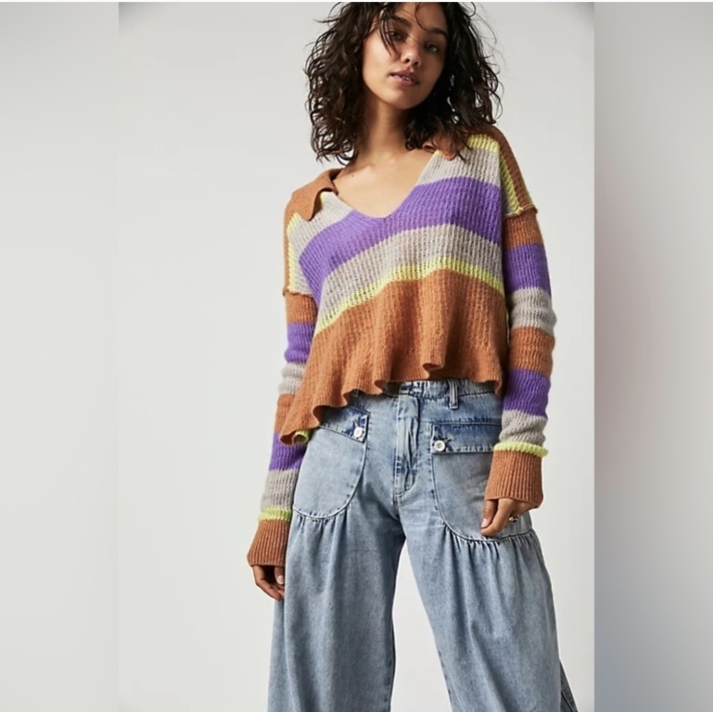 Free People Ives Lightweight Soft Cashmere  Multicolored Cropped Knit Sweater(S)
